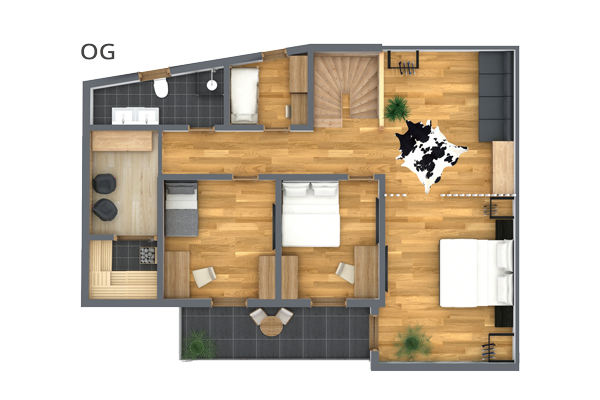 3-Schlafzimmer-Chalet Laudegg in Ladis mit Holzböden, zwei Badezimmern und einem geräumigen Wohnbereich.