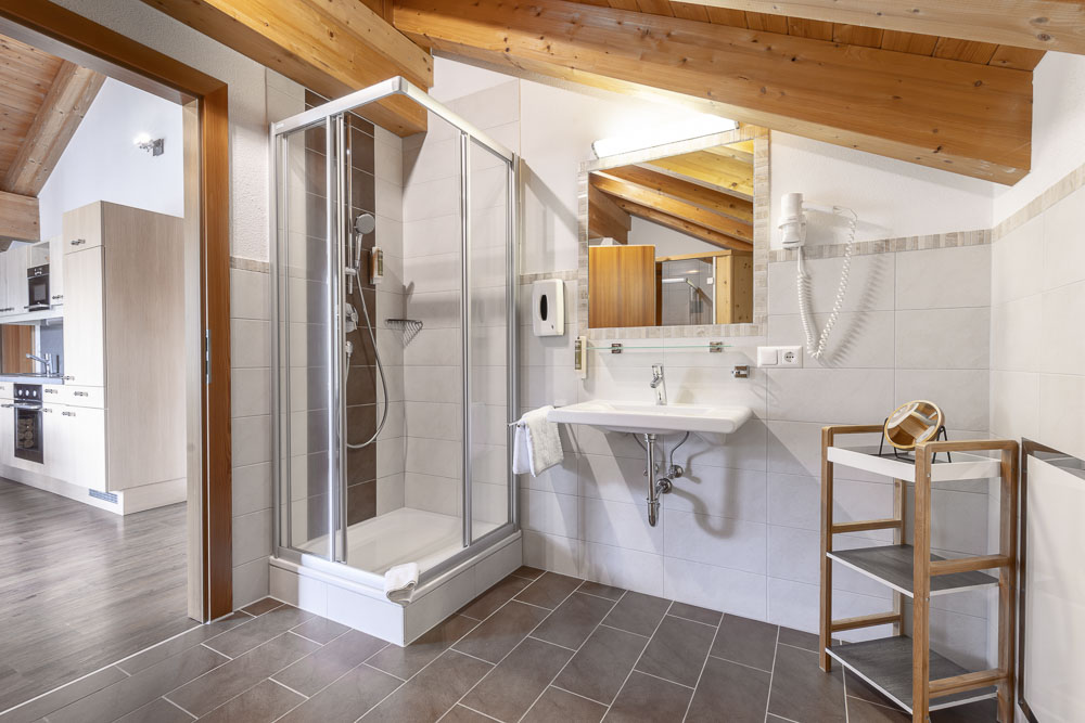 Modernes Badezimmer mit Glasdusche, Waschbecken, Spiegel und Holzdecke unter einer Dachschräge.