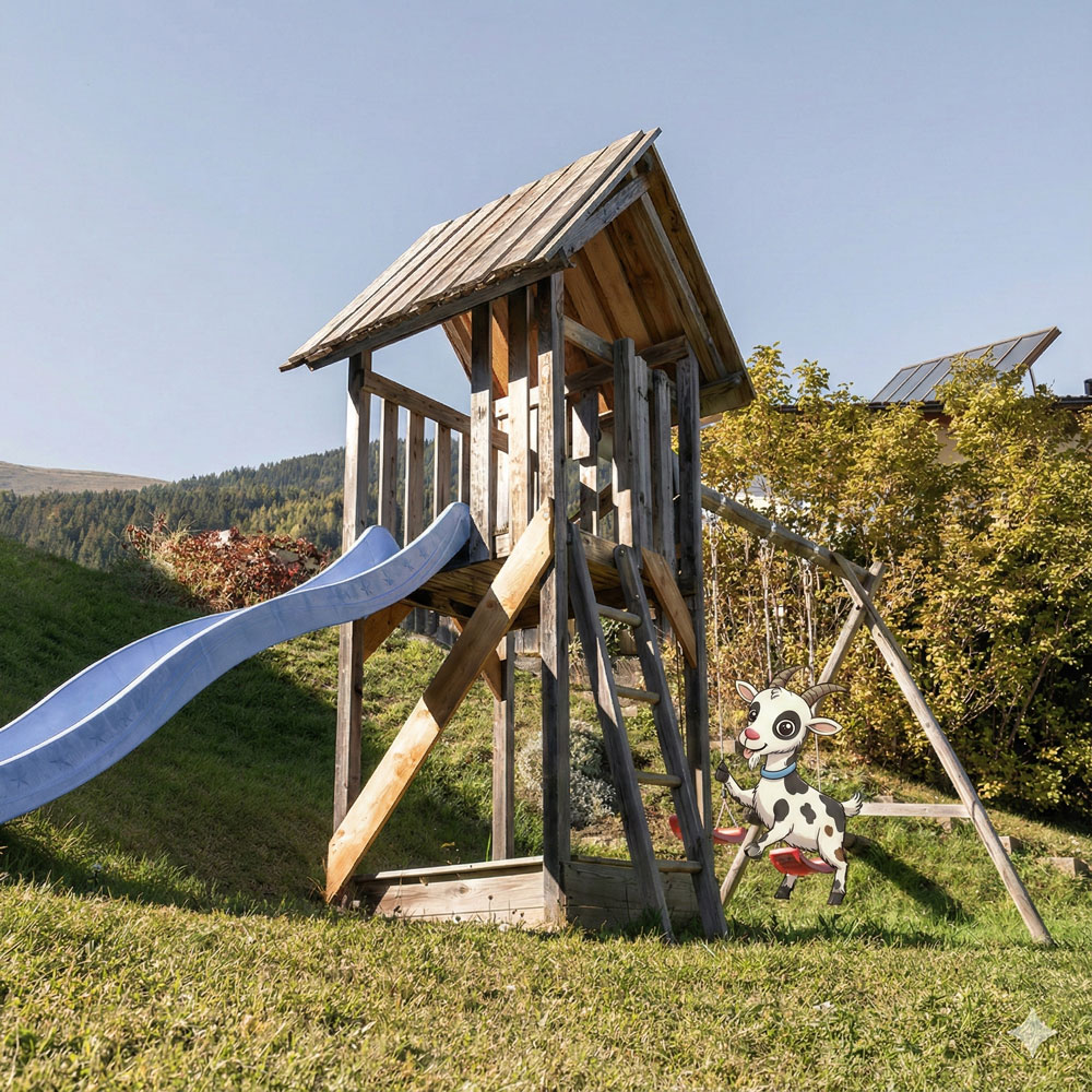 Wooden playground near the private garden spa in the Edelweiss Chalet, blue slide, sunny hillside.