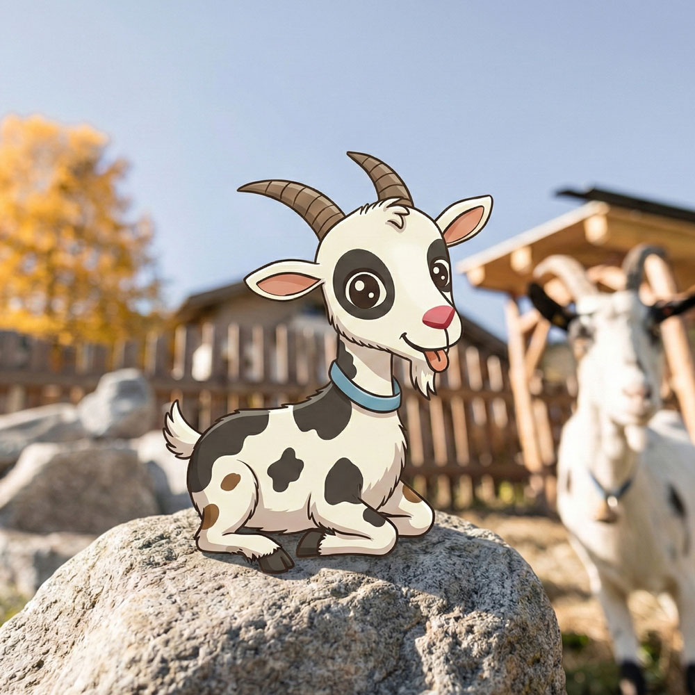 Cartoon goat on a rock outdoors at Mimis Kinderspielwelt for Kids at the Alpenapart in Ladis.