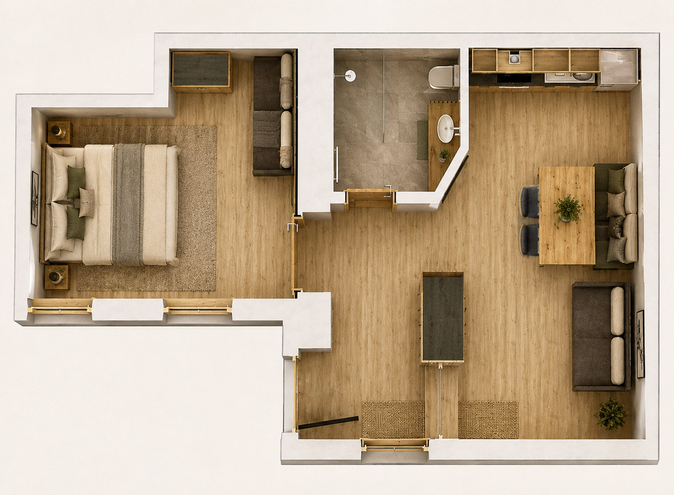 Draufsicht auf ein Chalet Laudegg mit einem Schlafzimmer in Ladis, bestehend aus Wohn-, Küchen-, Bad- und Essbereich.